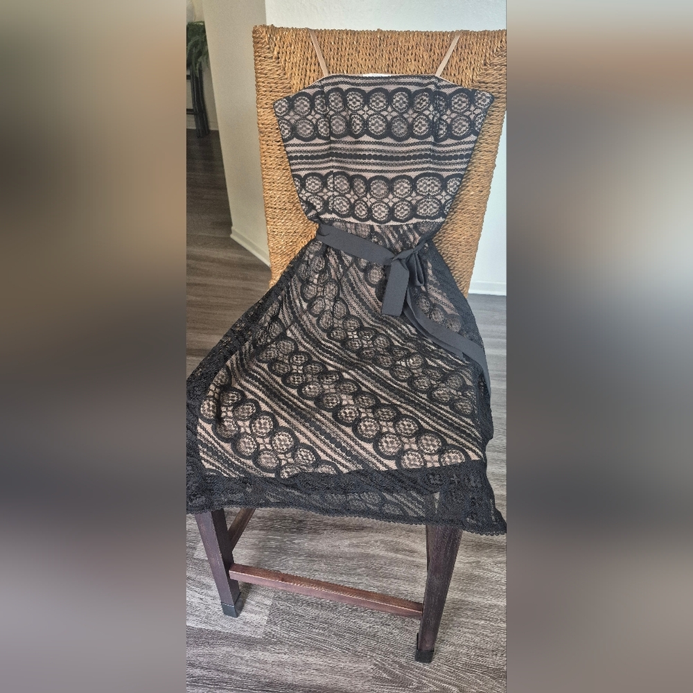 LOFT Black and Tan Lace Midi Dress